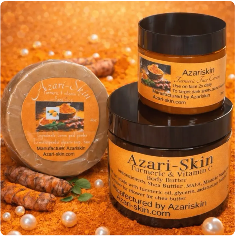 Azariskin Trio Turmeric Set - Face Soap, Body Butter, and Face Cream for Dark Spot Treatment