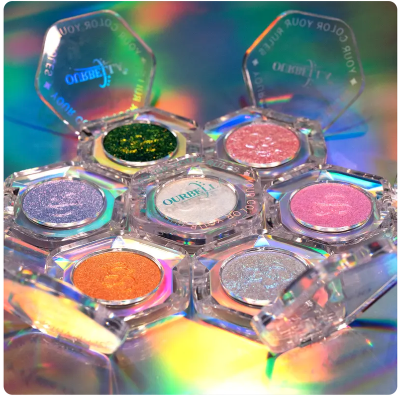 Ourbella single multi-chrome eyeshadows, sparkly shimmer glitter eyeshadow, iridescent shimmer, talc free, holographic ,color-shifting, metallic iridescent shimmer shadow duochrome