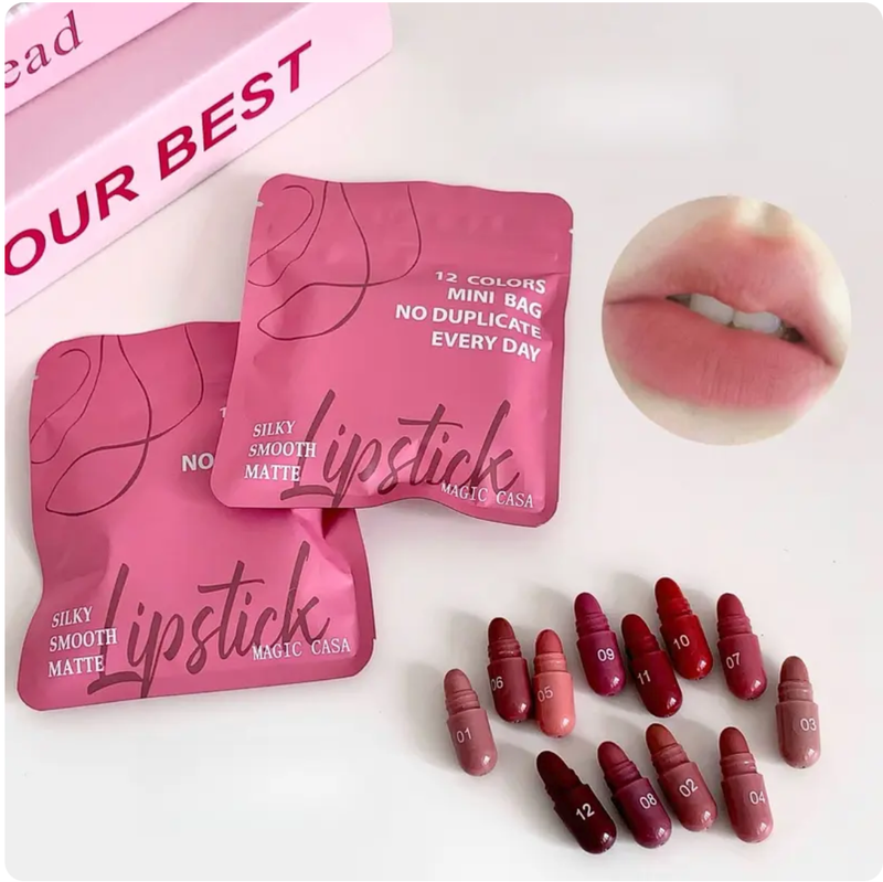 12-color capsule set mini matte lipstick, natural color display and less likely to stain the rim of the cup, portable travel lipstick gift box, essential makeup for students' commutes, birthday present and small gift for best friends, Cosmetic